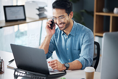 Buy stock photo Phone call, laptop and happy businessman planning company growth strategy on mobile conversation as communication. Smile, cellphone and man startup entrepreneur in discussion and networking