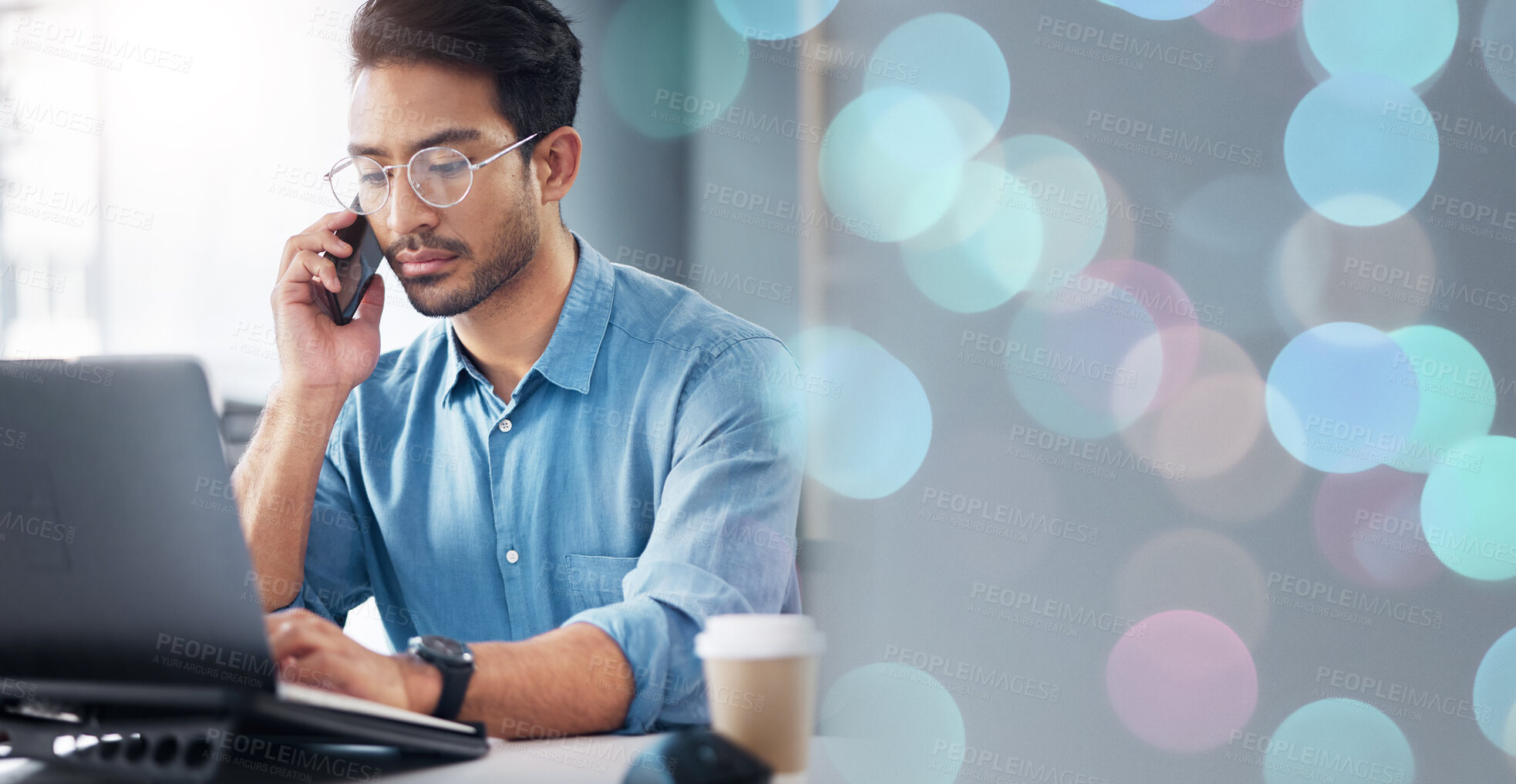 Buy stock photo Office bokeh, phone and man on laptop in business communication, networking and online feedback or news. Creative design of asian person working on computer, cellphone or mobile planning on mockup
