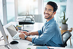 Happy business man, portrait and laptop in office for happiness, startup management and planning. Young male worker, smile and computer technology with motivation, online project and pride at desk 