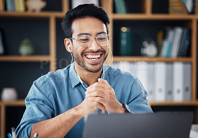 Buy stock photo Happy asian man, laptop and smile on video call for communication with earphones at the office desk. Male employee smiling for webinar, virtual meeting or networking on computer at the workplace