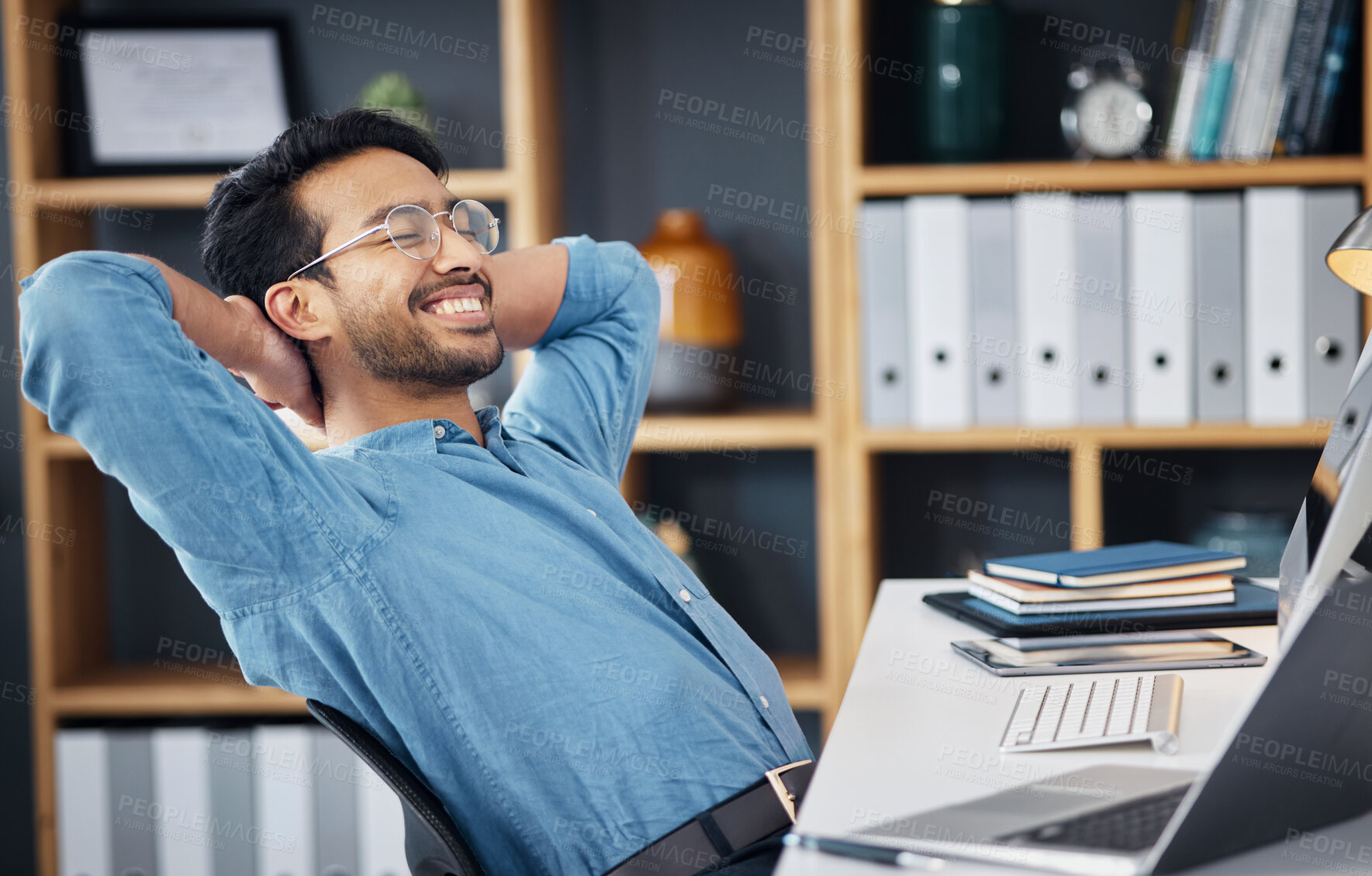 Buy stock photo Business man, smile and stretching to relax from easy project, complete achievement and happiness in office. Happy worker, hands behind head and finish tasks, rest and break for productivity at desk 
