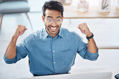 Buy stock photo Success, yes and happy businessman in office, celebrating and excited for email, review or loan approval. Hands, celebration and corporate male online winner with emoji, wow or winning gesture