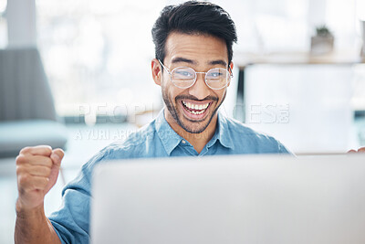 Buy stock photo Computer, celebration and man in business achievement, target goals and motivation. Happy male worker celebrate success at desktop in office of winner, bonus and fist of winning surprise website deal
