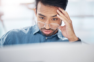 Buy stock photo Asian man, frustrated and tired with laptop in office for glitch, problem or anxiety for proposal, idea or burnout. Businessman, computer and thinking with stress, depressed or headache for 404 error