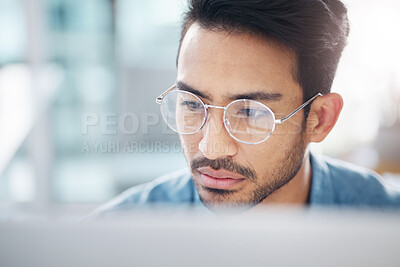 Buy stock photo Focus, computer and business man in office for idea research, contemplating and planning. Website, technology and digital with male employee reading online for proposal, project and email news