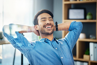 Buy stock photo Business man, smile and stretching to relax from easy project, motivation and happiness in office. Cheerful worker, hands behind head and finish tasks, break and happy mindset goals for mental health