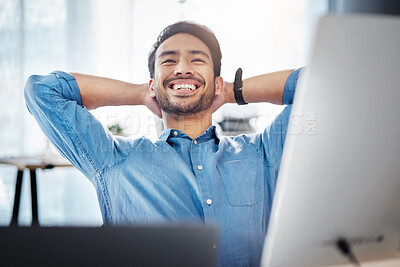 Buy stock photo Business man, smile and stretching to relax from easy project, complete achievement or happiness in office. Happy worker, hands behind head and finish tasks, target and break for mindset hope at desk