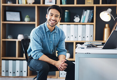Buy stock photo Relax, founder and portrait of entrepreneur smile and sitting in startup company office excited for the future. Young, happy and professional business man or worker feeling confident and proud