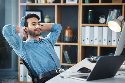 Buy stock photo Happy business man, thinking and stretching to relax from easy project, positive mindset and complete ideas in office. Break, worker and hands behind head to finish tasks, rest and daydream at desk