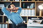 Happy business man, eyes closed and stretching to relax from easy project, dream and happiness in office. Worker, smile and hands behind head to finish tasks, rest and break for inspiration at desk