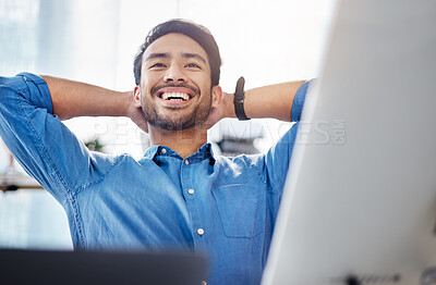 Buy stock photo Happy man, thinking and stretching in office to relax for motivation, positive mindset or happiness. Worker, smile and hands behind head for mental health break, finish tasks and inspiration of goals