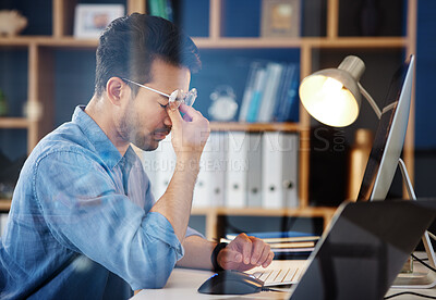 Buy stock photo Eye pain, headache and stress of business man in anxiety, mental health problem and 404 computer crisis. Tired, frustrated and fatigue of male, glasses and depression of burnout, overtime and mistake