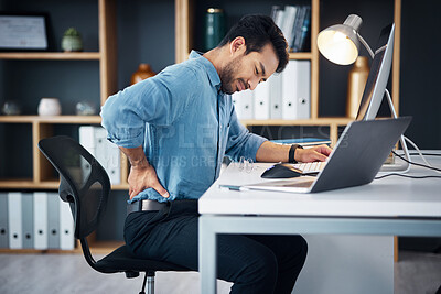 Buy stock photo Back pain, man and stress of desk worker, muscle injury and health risk on chair. Uncomfortable worker, spine problem and posture of body, scoliosis and fatigue of backache, burnout and fibromyalgia