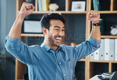 Buy stock photo Yes, winner and business man in office celebration for career opportunity, bonus or winning competition. Happy Asian person, worker or professional success, fist pump and celebrate promotion or news