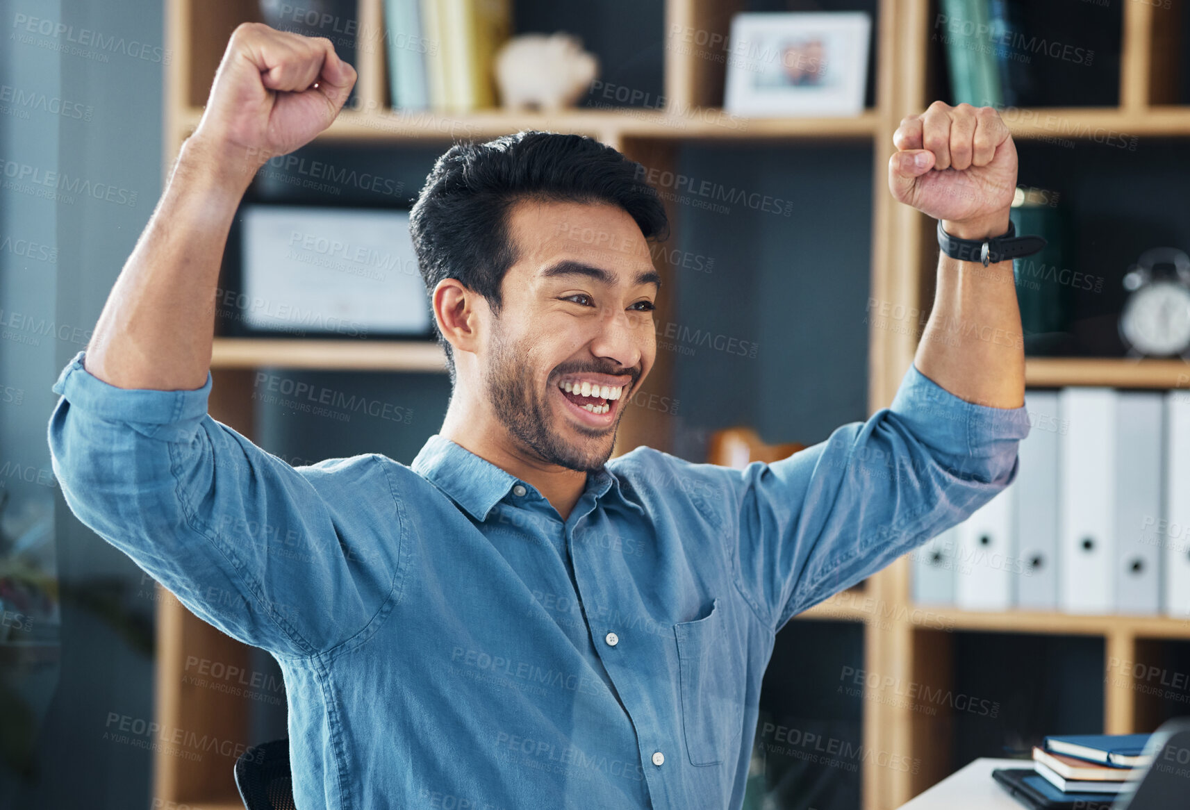 Buy stock photo Yes, winner and business man in office celebration for career opportunity, bonus or winning competition. Happy Asian person, worker or professional success, fist pump and celebrate promotion or news