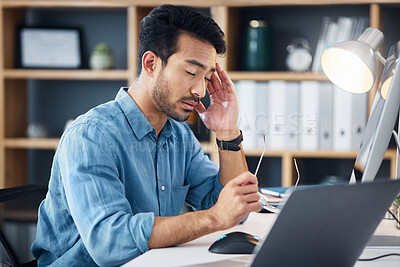 Buy stock photo Burnout, headache and tired man on computer with career stress, anxiety or mental health risk in office. Sad business man with depression, migraine and trouble for online job mistake, fail or fatigue