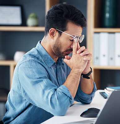 Buy stock photo Eyes, pain and headache of business man in anxiety, mental health problem and bankruptcy crisis. Tired, frustrated and stressed male, glasses and fail of fatigue, burnout or depression of tax mistake
