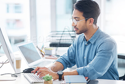 Buy stock photo Computer, business and man typing, planning and feedback for report, proposal and reading emails. Male entrepreneur, employee and consultant in workplace, pc and device for search internet and online