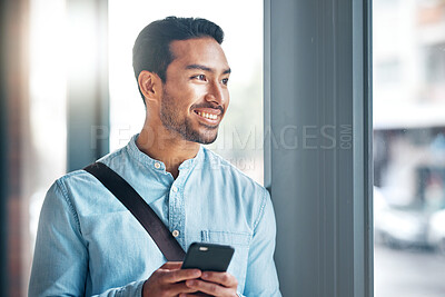 Buy stock photo Happy, thinking and an Asian man with a phone for social media, communication and chat. Business, idea and a Chinese employee typing on a mobile app, replying to a message or work email online