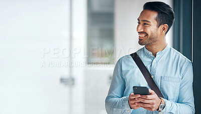Buy stock photo Happy, business and an Asian man with a phone for social media, communication and chat. Thinking, mockup and a Chinese employee typing on a mobile app, replying to a message or work email online