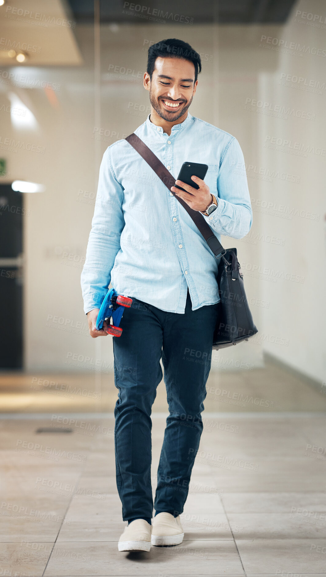 Buy stock photo Professional man with smartphone, communication with typing or scroll social media, smile and skateboard. Male, creative at startup and sustainable travel, contact and happy skater leaving office
