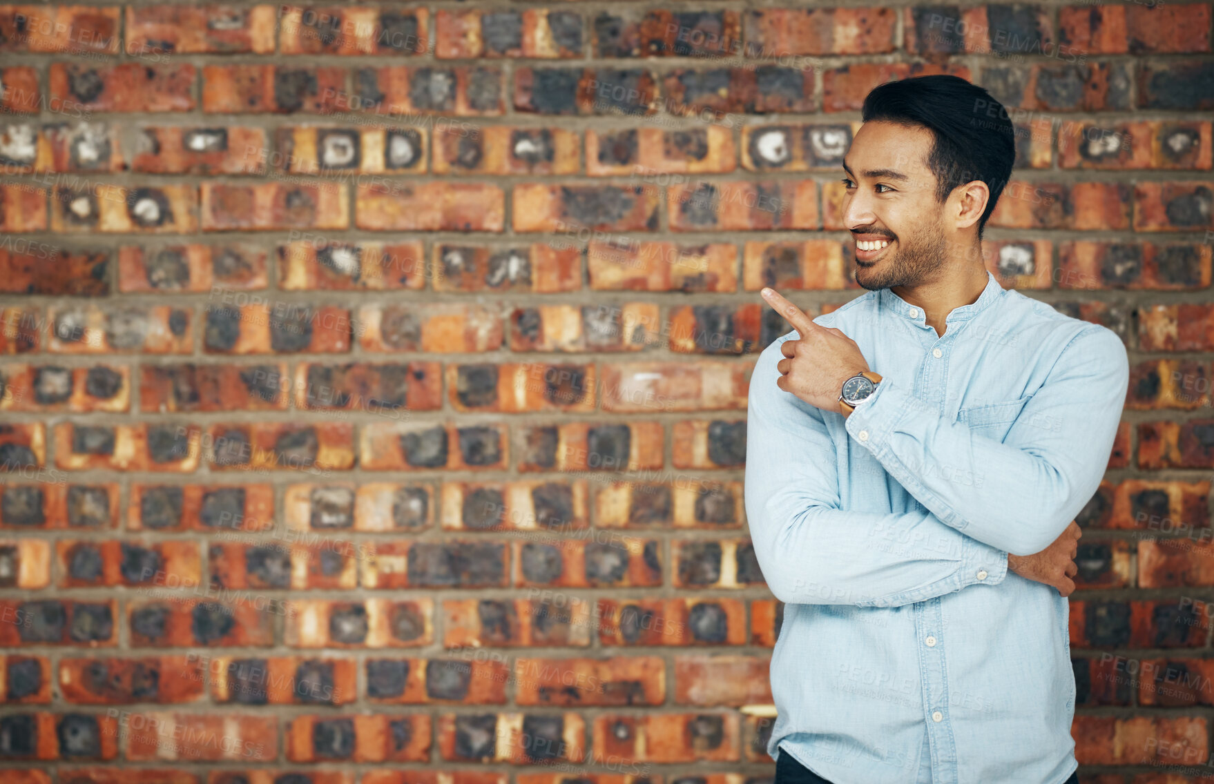 Buy stock photo Pointing, mockup and smile with man and wall background for announcement, product placement and offer. Idea, news and deal with male and hand gesture with for information, empty space and opportunity