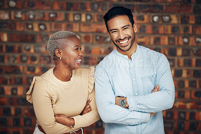 Buy stock photo Young, professional team and partnership, laughing with teamwork and arms crossed on wall background. Happy working together, creative pair and diversity, black woman and man, collaboration and trust