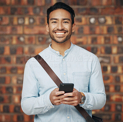 Buy stock photo Portrait, success and Asian man with smartphone, connection and happiness with creativity, cheerful and typing. Face, male employee or entrepreneur with cellphone, network or signal for communication