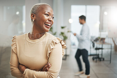 Buy stock photo Happy black woman in business office, workplace or company with career mindset for Human Resources. Profile of a proud worker, employee or staff busy in professional workspace for job opportunity