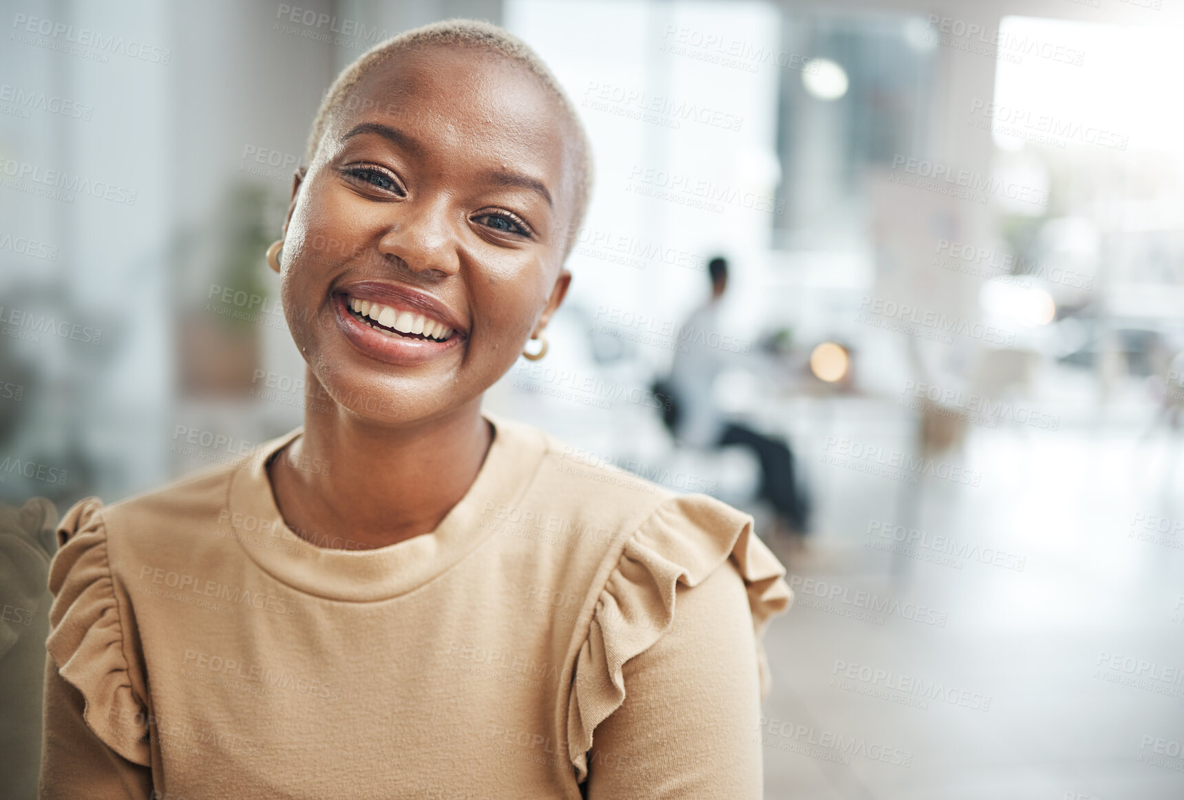 Buy stock photo Face, portrait and smile of black woman in office with pride for career, job or profession. Business, entrepreneur and happy, confident and proud female professional from Nigeria with success mindset