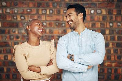 Buy stock photo Teamwork, arms crossed and business people laughing in office workplace at funny joke or comedy. Collaboration, comic diversity and happy man and black woman together for team building and confidence
