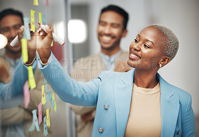 Buy stock photo Businesswoman, planning and writing idea in meeting, calendar or agenda, sticky note or innovation. Idea, brainstorming and black woman leader with goal or problem solving, teamwork or solution