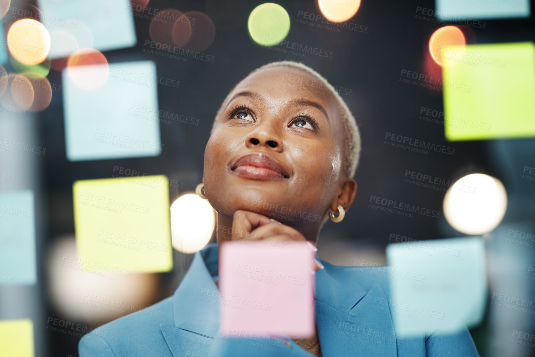 Buy stock photo Thinking, vision and black woman with schedule, planning and agenda, sticky notes and bokeh background. Idea, face and female leader with goal, visual and problem solving, calendar and management 