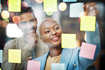 Planning, writing and business people with schedule, planning or agenda, sticky note or innovation. Idea, partnership and black woman leader with goal, visual or problem solving, calendar or solution