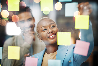 Buy stock photo Planning, writing and business people in schedule, brainstorm or agenda, sticky note or innovation. Idea, partnership and happy black woman leader with solution goal, visual or problem solving answer