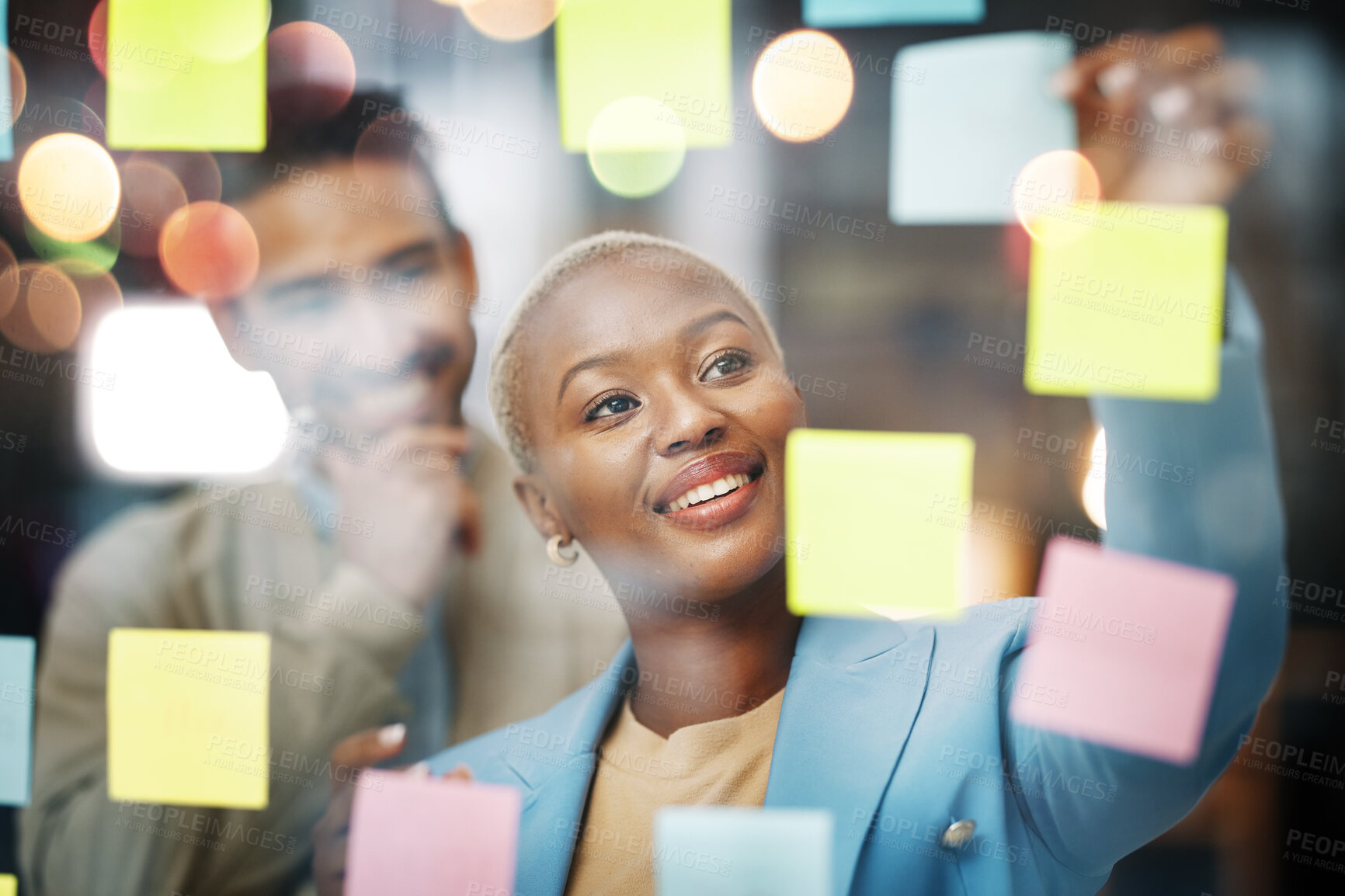 Buy stock photo Planning, writing and business people in schedule, brainstorm or agenda, sticky note or innovation. Idea, partnership and happy black woman leader with solution goal, visual or problem solving answer