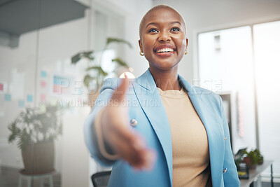 Buy stock photo Black woman, handshake and business partnership for trust, support or deal in collaboration or meeting at office. African American female employee shaking hands for introduction interview or greeting