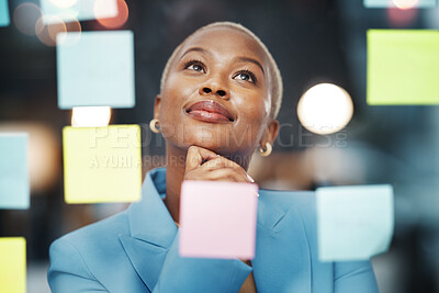 Buy stock photo Vision, thinking and black woman with schedule, planning and agenda, sticky notes and bokeh background. Idea, face and female leader with goal, visual and problem solving, calendar and management 