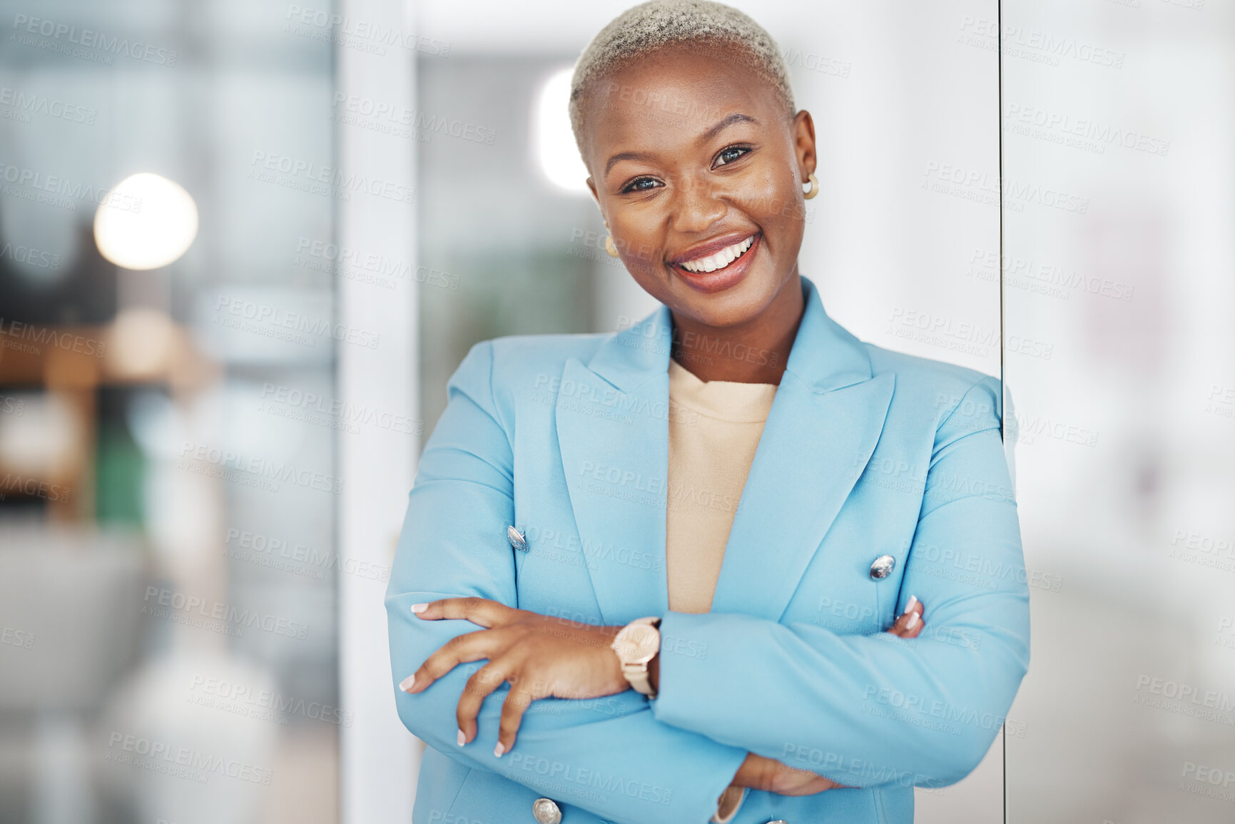 Buy stock photo Black woman, portrait smile and arms crossed in small business management leaning on glass in modern office. Happy African American female smiling in confidence for corporate success at the workplace