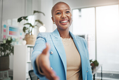 Buy stock photo Black woman, handshake and business partnership for support, trust or deal in collaboration or meeting at office. African American female employee shaking hands for introduction interview or greeting