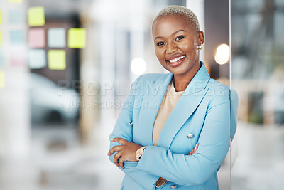 Buy stock photo Black woman, portrait smile and arms crossed in small business management leaning proud on glass at office. Happy African American female smiling in confidence for corporate planning at workplace