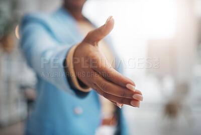 Buy stock photo Business woman, handshake and partnership for support, trust or deal in collaboration or meeting at office. Female employee shaking hands for introduction, interview or greeting in teamwork at work