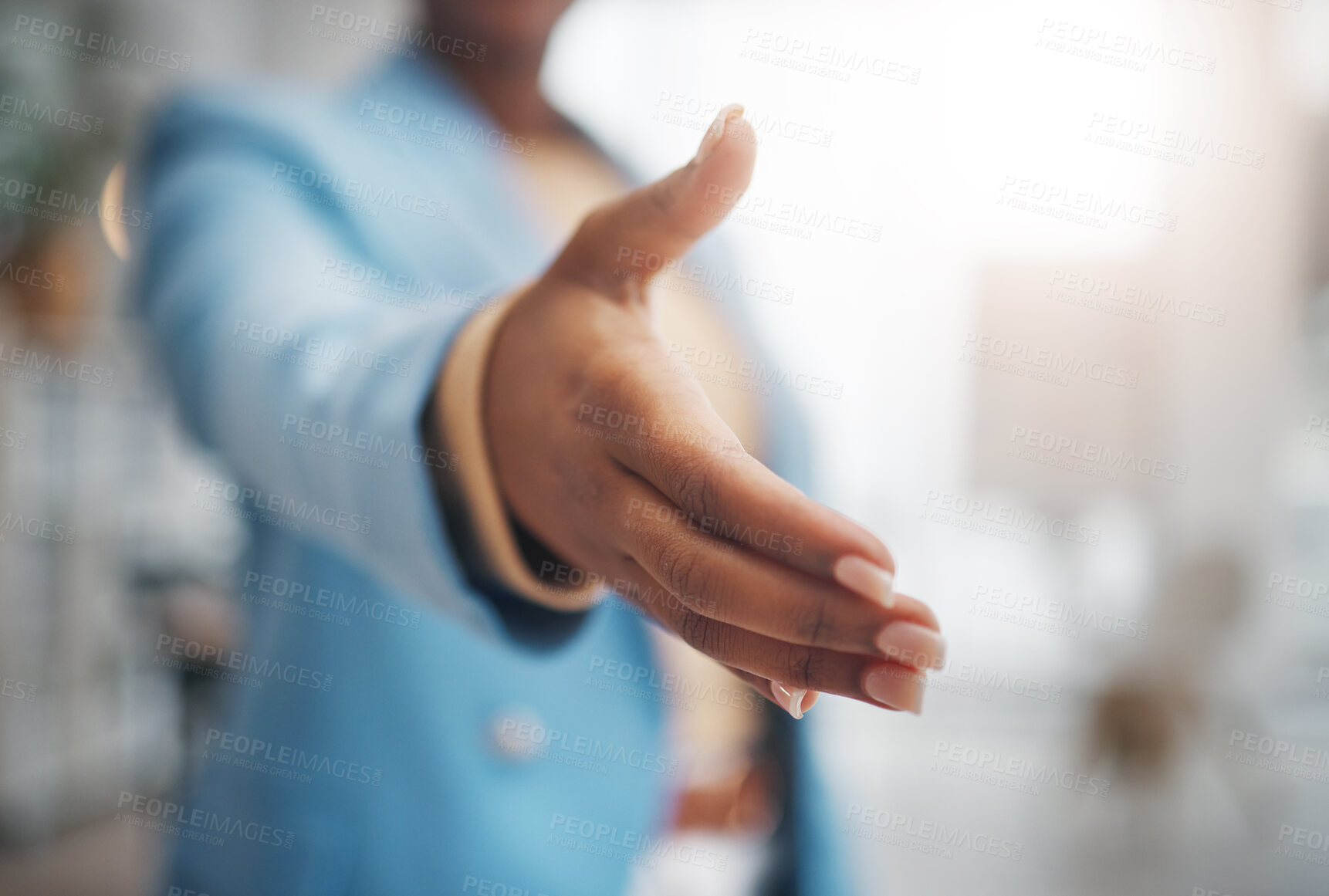 Buy stock photo Business woman, handshake and partnership for support, trust or deal in collaboration or meeting at office. Female employee shaking hands for introduction, interview or greeting in teamwork at work