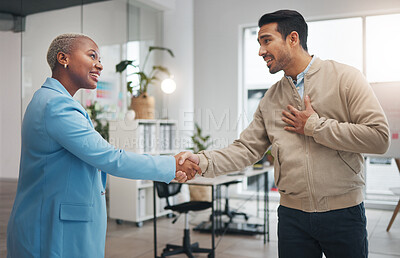 Buy stock photo Business people, handshake and partnership in collaboration for trust, unity or teamwork at the office. Businessman and woman shaking hands in meeting, b2b or agreement for greeting, welcome or deal