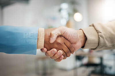 Buy stock photo Business people, handshake and partnership in collaboration for trust, unity or teamwork at the office. Employees shaking hands in meeting, b2b or agreement for team greeting, welcome or deal at work