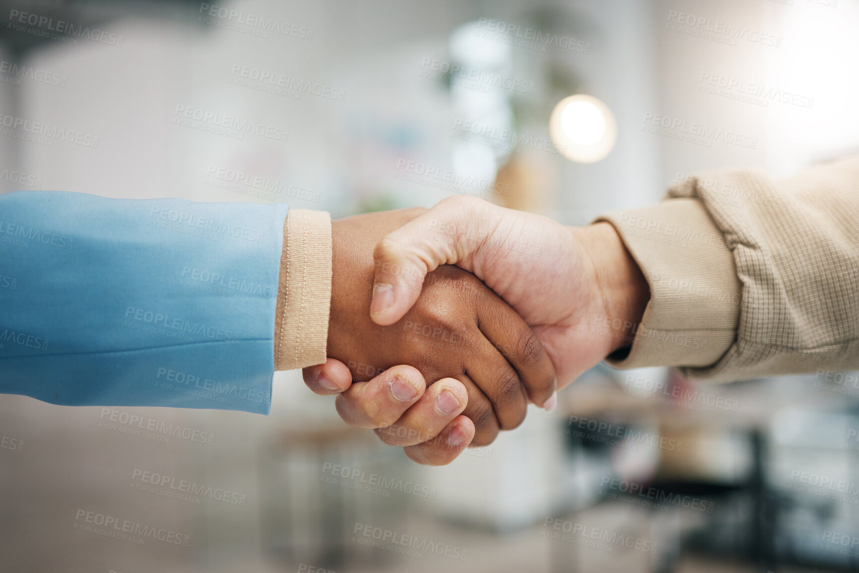 Buy stock photo Business people, handshake and partnership in collaboration for trust, unity or teamwork at the office. Employees shaking hands in meeting, b2b or agreement for team greeting, welcome or deal at work