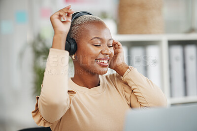 Buy stock photo Dance, enjoying and black woman with music during work, radio break and listening to audio. Smile, stress relief and dancing African employee with headphones for streaming podcast, songs and playlist