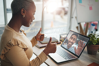 Buy stock photo Video call, thumbs up and people on laptop screen business, global communication or online meeting success. Like, yes and agreement hands of black woman and partner for virtual planning on computer