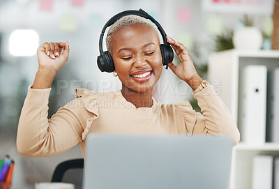 Buy stock photo Dance, happy and black woman with music in office, radio break and listening to audio. Smile, enjoying and dancing African employee with headphones for streaming a podcast, songs and playlist