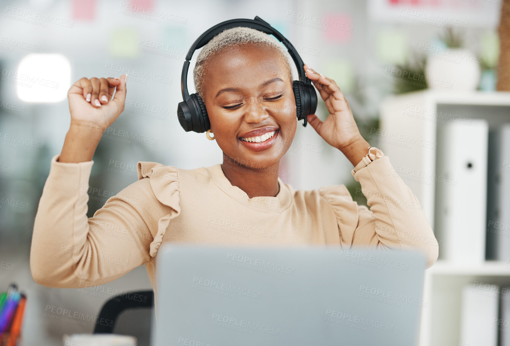 Buy stock photo Dance, happy and black woman with music in office, radio break and listening to audio. Smile, enjoying and dancing African employee with headphones for streaming a podcast, songs and playlist